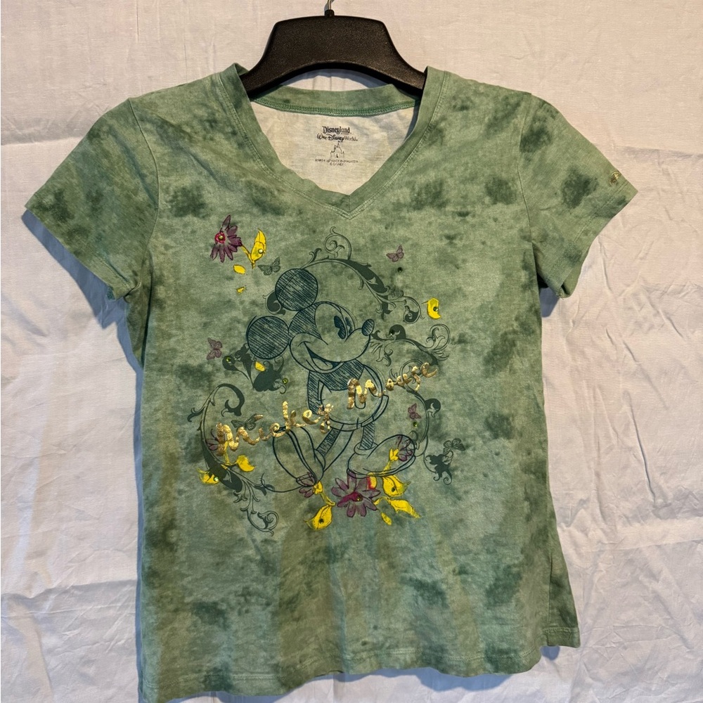 Disney Women's Green V-Neck Mickey Mouse Tee with Yellow Floral Accents